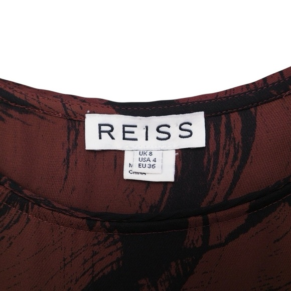 REISS Maroon/Black Polyester Abstract Print Round Neck 3/4 Sleeve Blouse - Picture 3 of 8